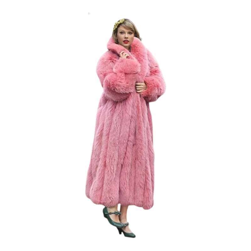 New Winter Fashion Girls Pink Long Lapel Women's Thick Thermal Fluffy Faux Fox Fur Coat