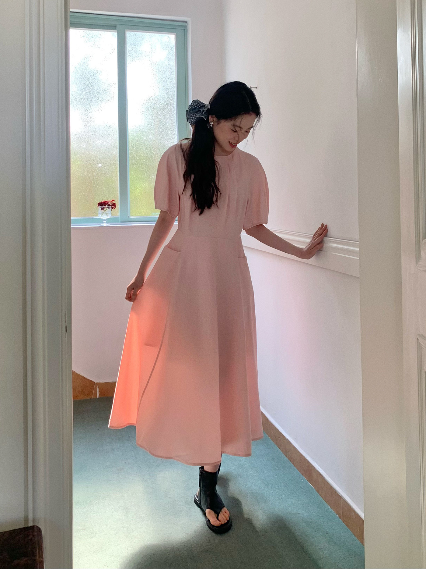 SY2115 Large size light French round neck waist seaside skirt atmosphere temperament dress female summer high-end