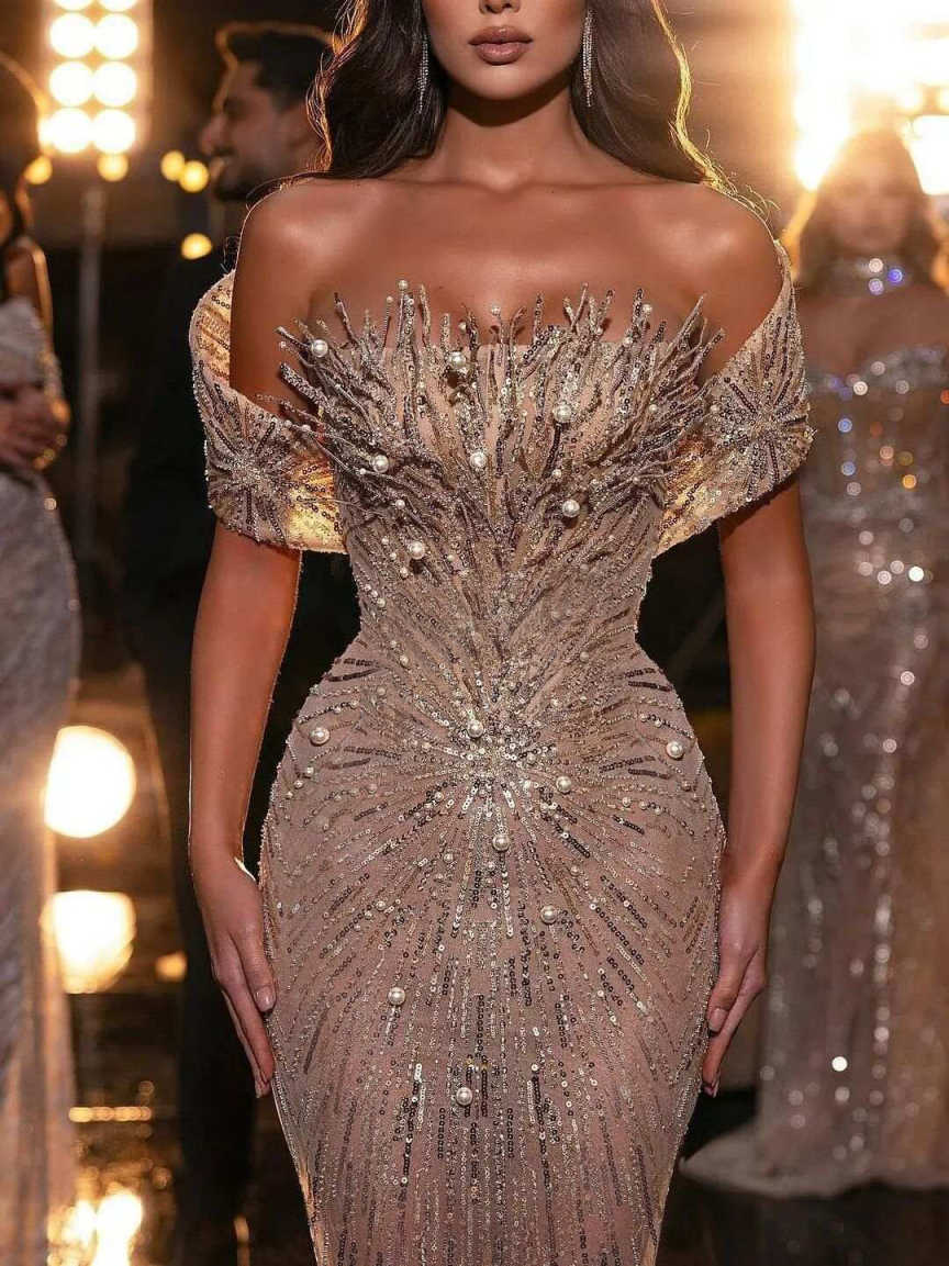 Sparkly Pearls Mermaid Evening Dress Off Shoulder Sequins Appliques Prom Gowns Sleeveless Sheath Party Dresses Customized