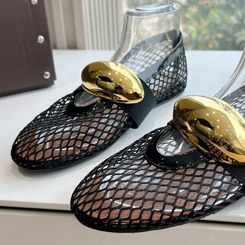 top quality Round-toe mesh Ballet flats Mary Jane shoes with strap Flat loafers Dress shoes slip on Real leather Luxury designer shoe holida