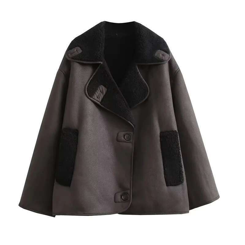 TRAF 2025 Woman Thick Faux Leather Jackets For Autumn Winter Warm Coats Female Demi-Season Plush Jacket Women Outerwears