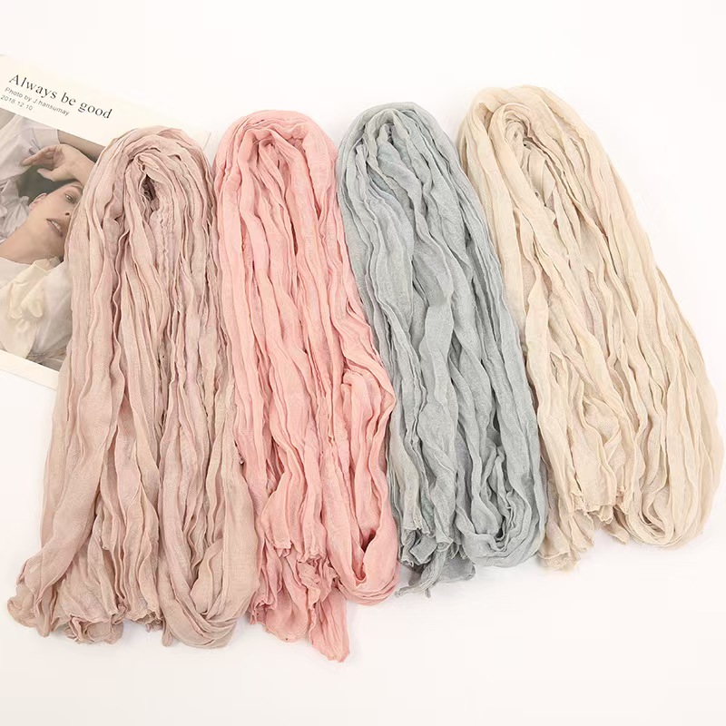 T674 new European and American style foreign trade solid color wrinkled scarf simple and easy to match fashion cotton and linen scarf