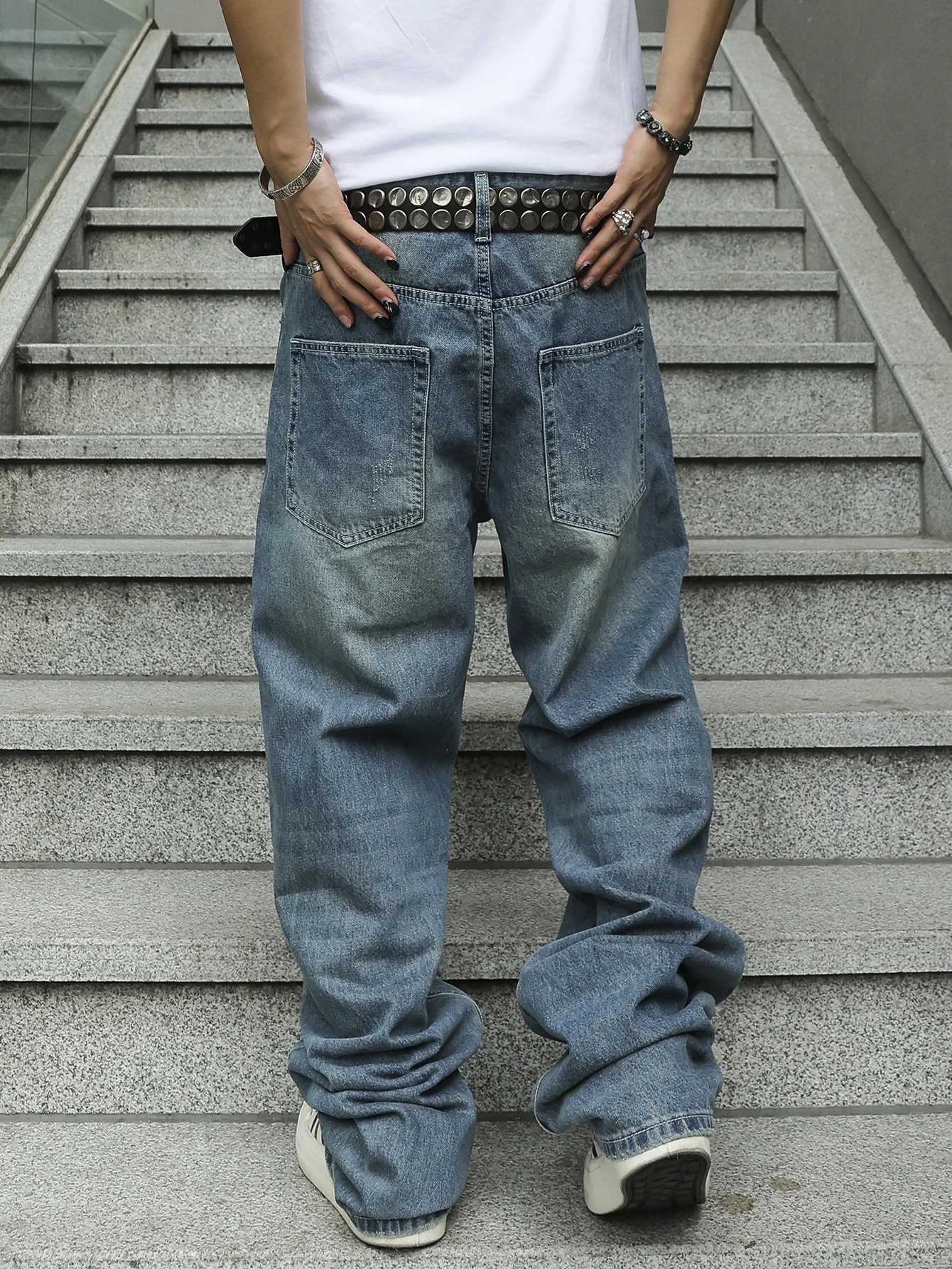 Mens Relaxed Straight Fit Jeans Non-Stretch Designer Star Waistband Light Blue Color Wash Relaxed Slouchy Straight Jeans W250510