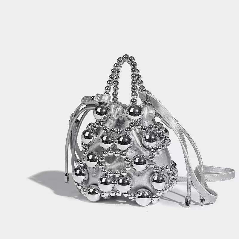 High Quality Sier Beads Beading Woven Handmade Bucket Fashion Women's Handbag Lady Purse Shoulder Messenger Casual Bag