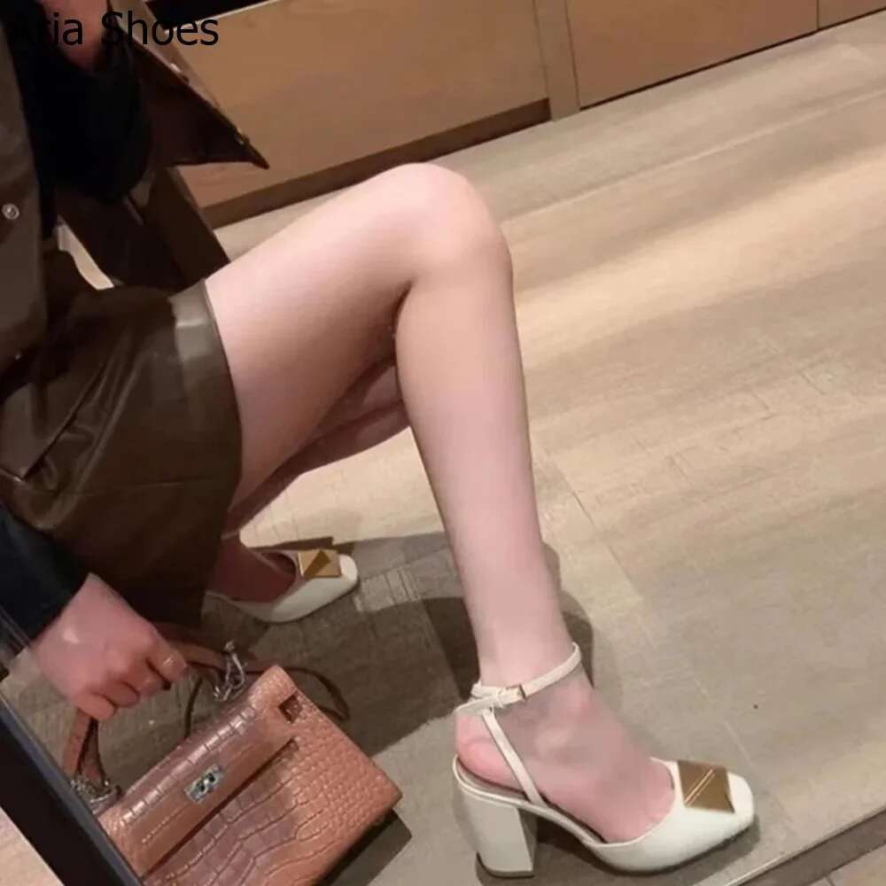 Rivet Square Toe Chunky Heel SandalsShallow Ankle Buckle Strap Pink/white 8cm Sandals Women 2025 Spring Summer New High Heels