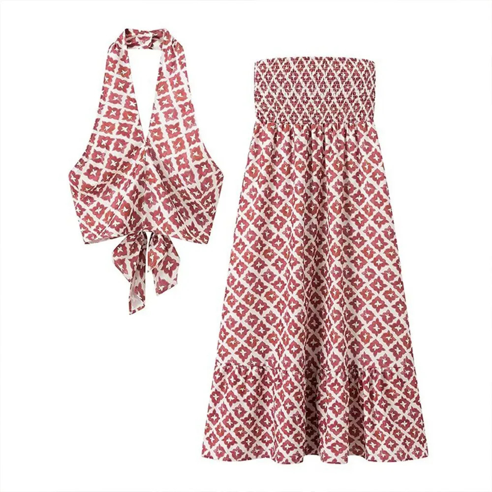 2024 Summer Fashionable Womens Clothing Elegant n European and American Style Hanging Collar Printed Half Skirt Set 250430Z