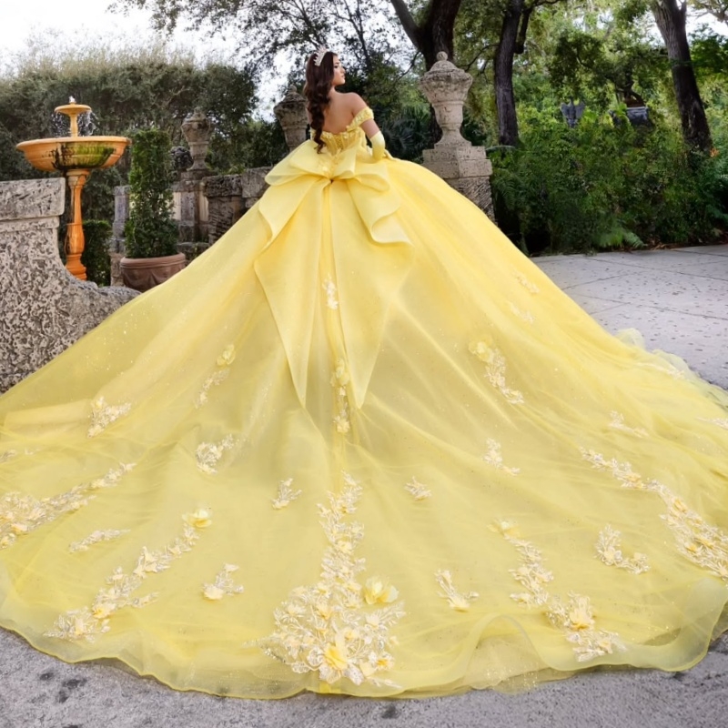Yellow Quinceanera Dresses Off Shoulder Ball Gown Sweet 16 Dress Applique Flower Beads Bow Tull Birthday Party Vestidos 15 Anos