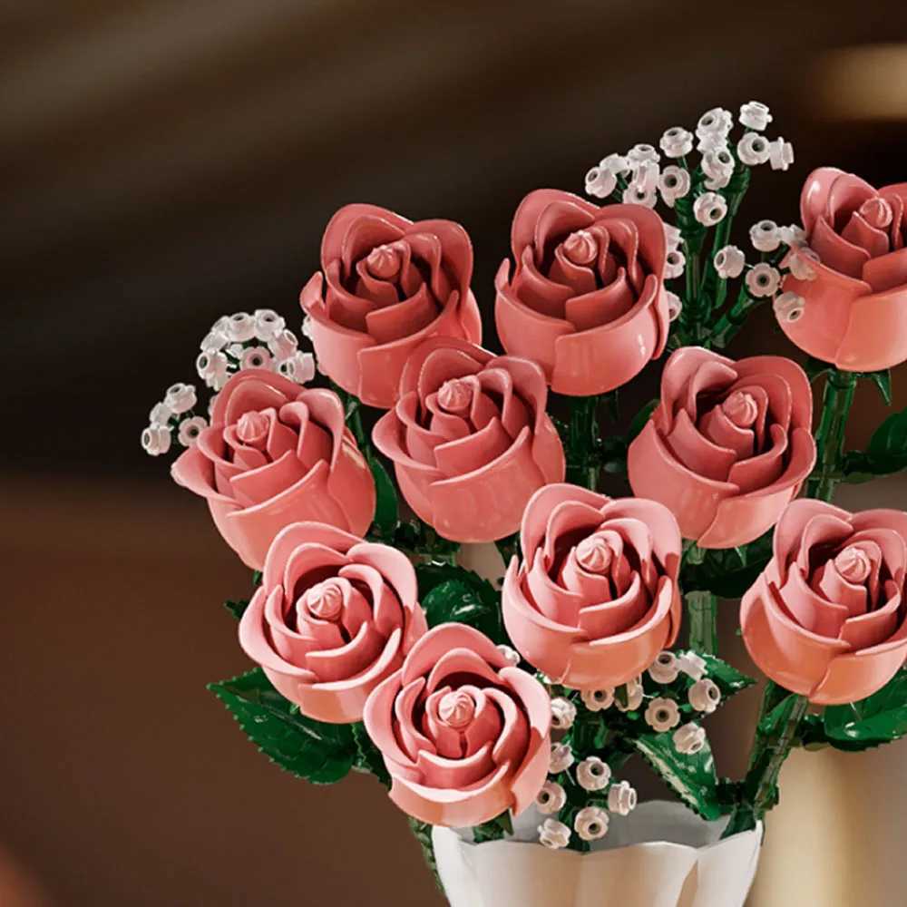 968PCS Pink Roses Romantic Rose Flower Bouquet Building Blocks Creative Plant Decoration Assemble Bricks Toys Gifts Girls Lady X250509