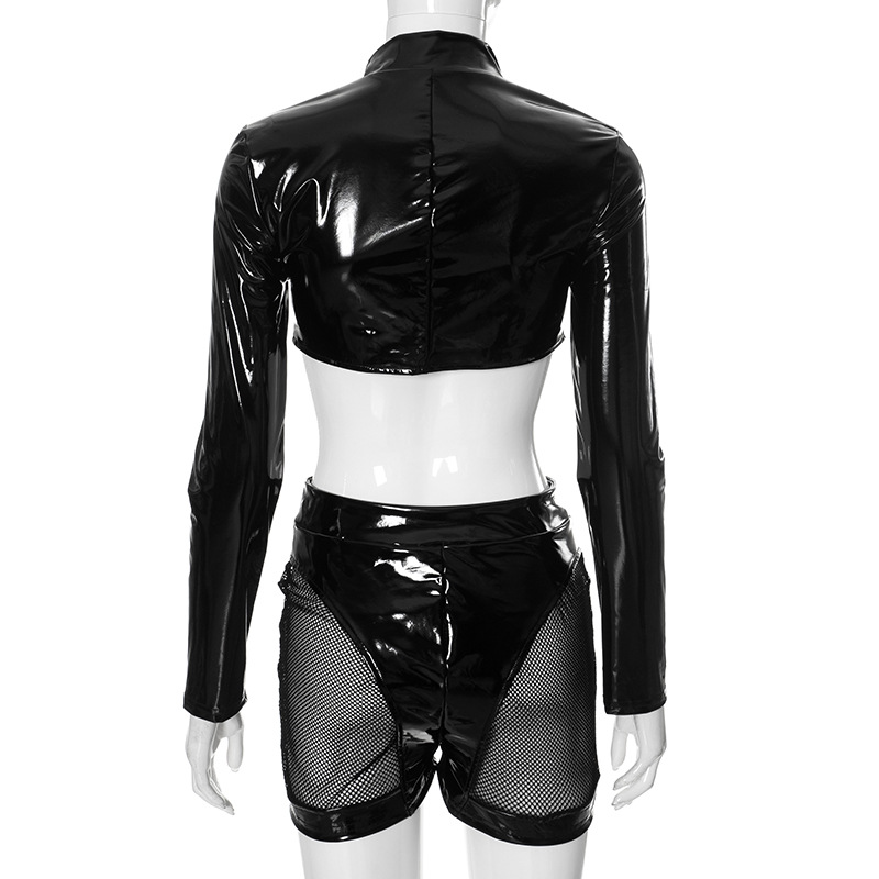 PU Patchwork Sexy 2 Piece Set Women Autumn Hipster Full Zip Crop Jacket+Shorts Matching Clubwear Midnight Outfits