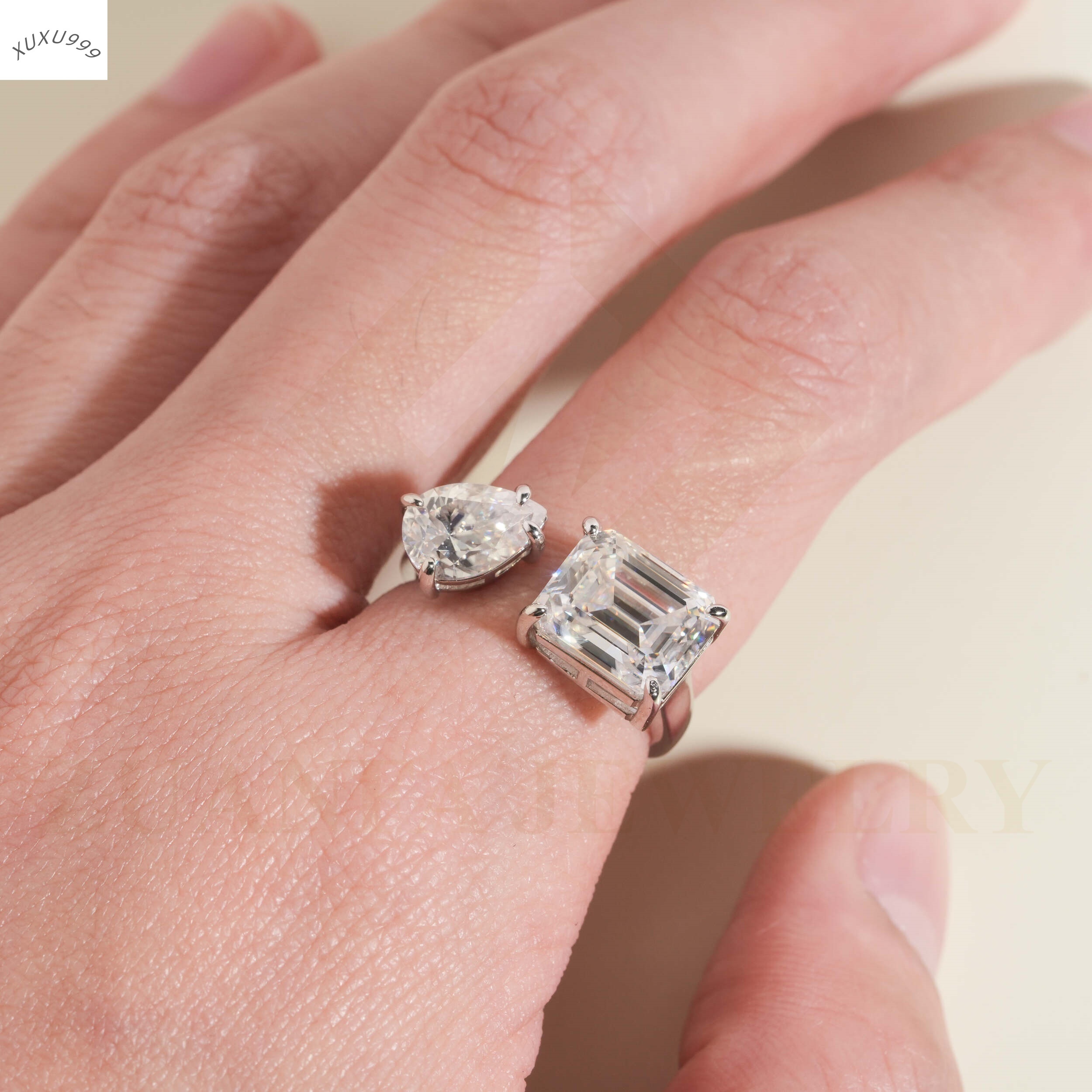 5.5CT Emerald and Pear Cut Moissanite 18k White Gold Plated Wedding Ring Silver 925 2Moissanite Diamonds Engagement Ring