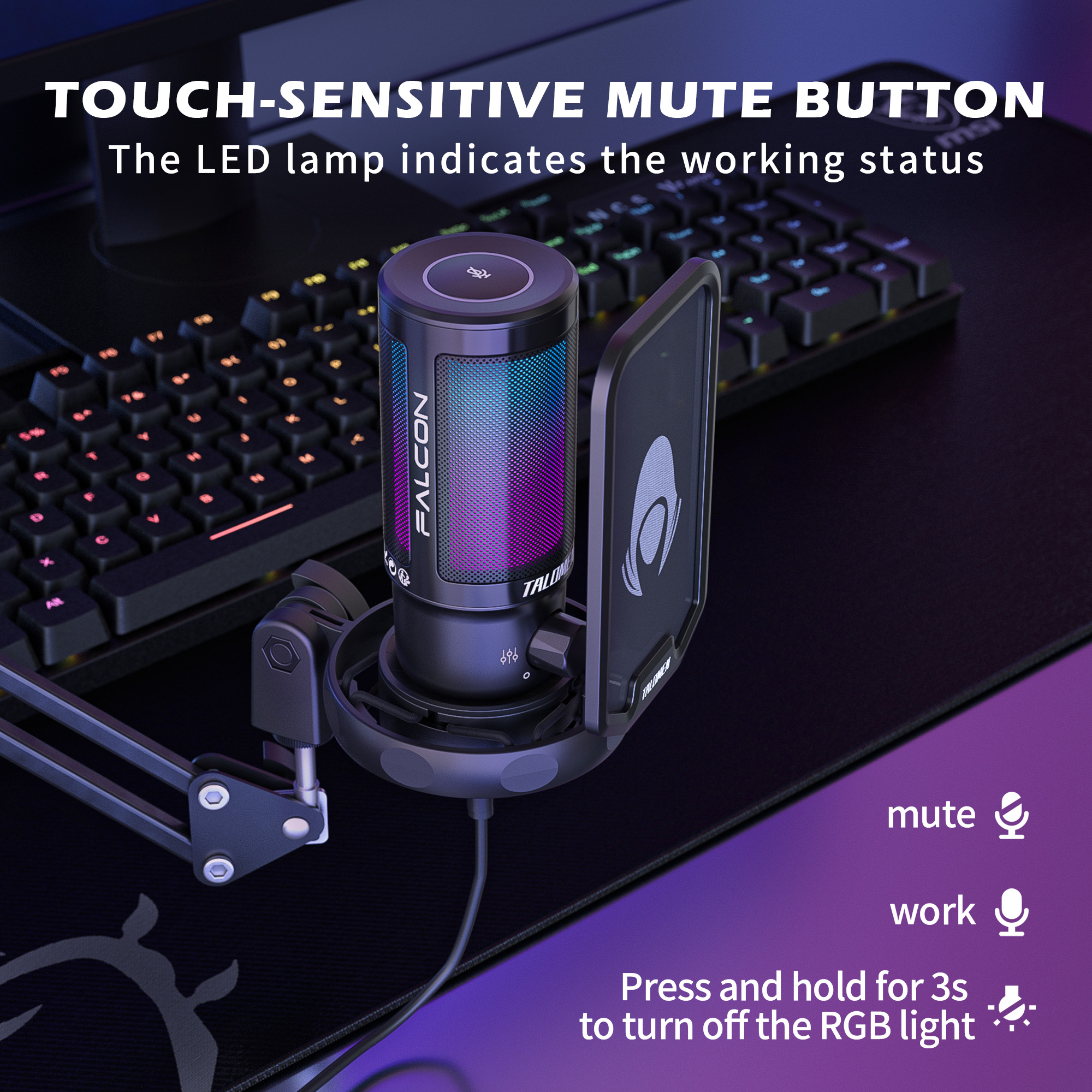 USB Gaming Microphone for PC, PS4/PS5, RGB Condenser Microphone with Rapid Mute, Gain Control, Anti-Explosive Filter, F8S