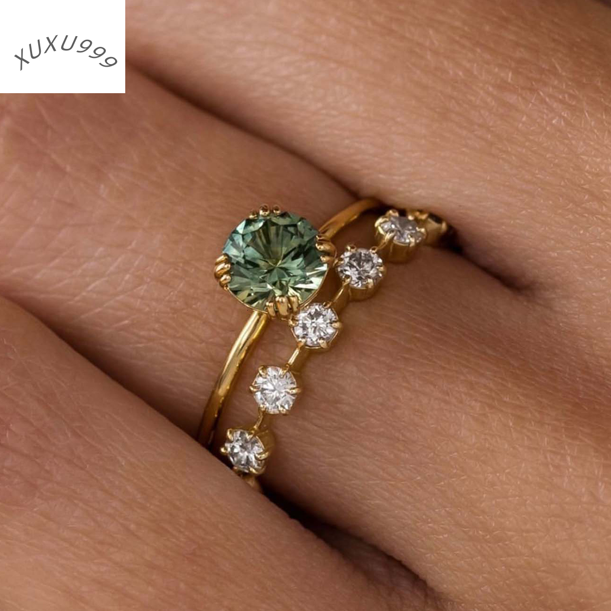 2025 HOT Sale INS Fashion Style Popular Ring Set S925 Silver 18K Plated Gold Green Round Moissanite Ring for Women Fine Jewelry