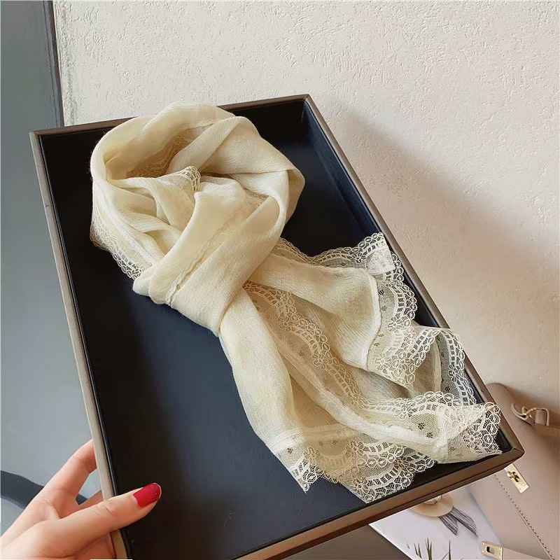 T677 French retro lace edge cotton and linen scarf female spring new style solid color narrow silk scarf summer sun protection