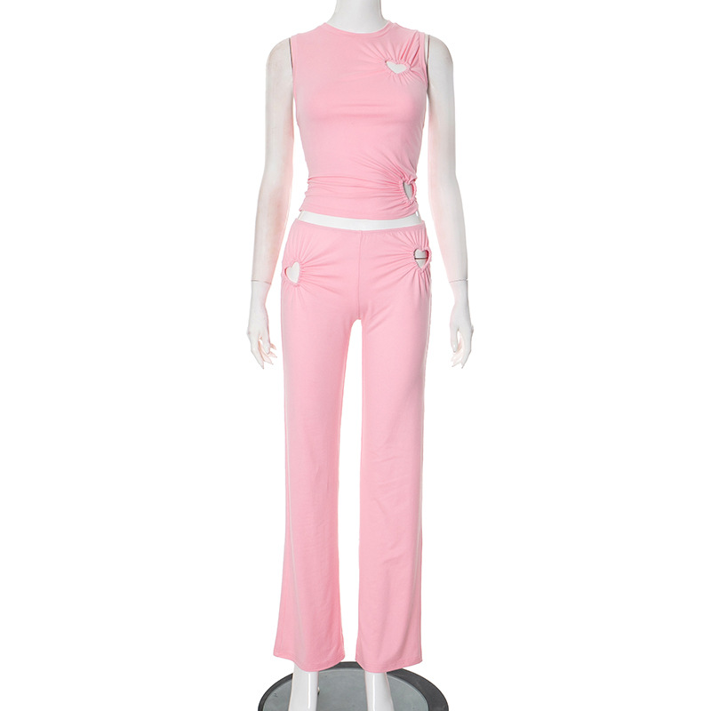 Heart Hollow 2 Piece Set Women O-Neck Sleeveless Tops+Skinny Stretch Pants Vacation Casual Simple Elegant Solid Suits