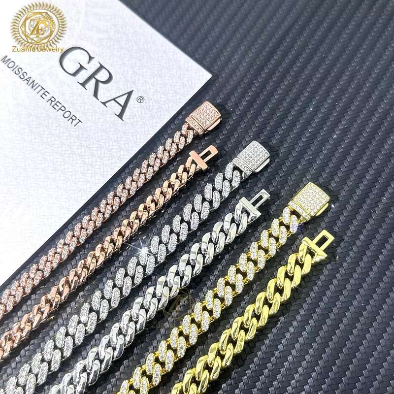 Real Solid 925 Silver Diamond Cuban Link Chain 6mm 8mm 1Row Iced Out Hiphop Miami Moissanite Cuban Necklace for Men Women
