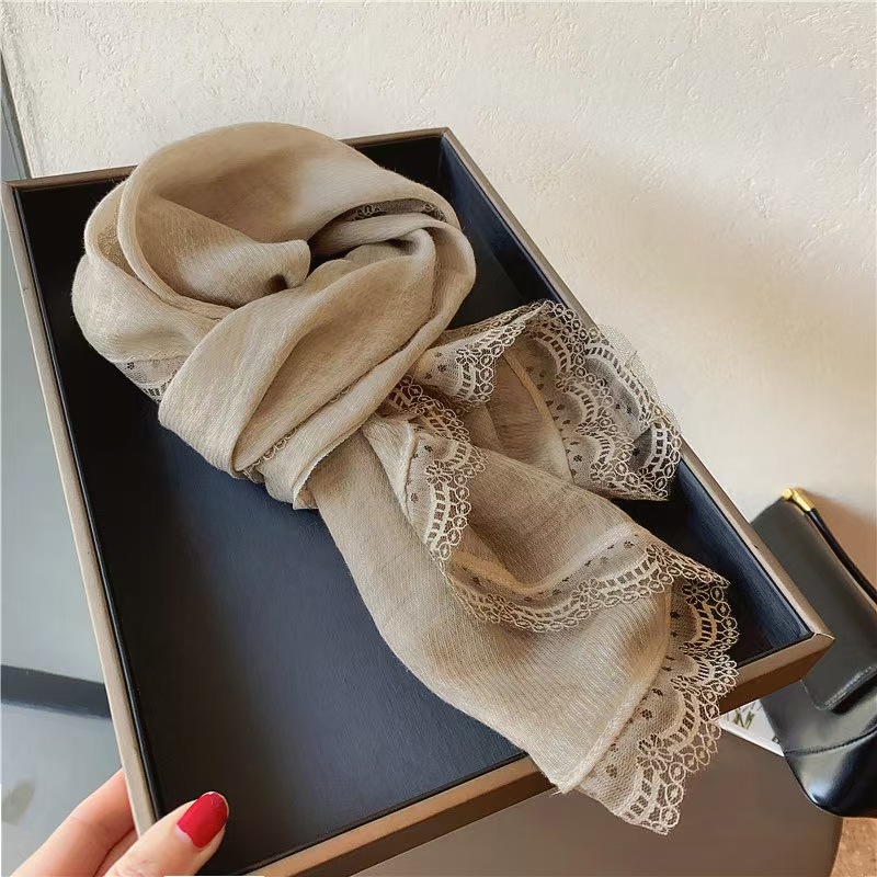 T677 French retro lace edge cotton and linen scarf female spring new style solid color narrow silk scarf summer sun protection