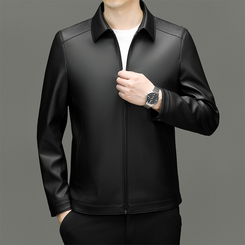 Waterproof Mens Business Leather Jacket - Fold Over Collar & Easy-Clean Fabric