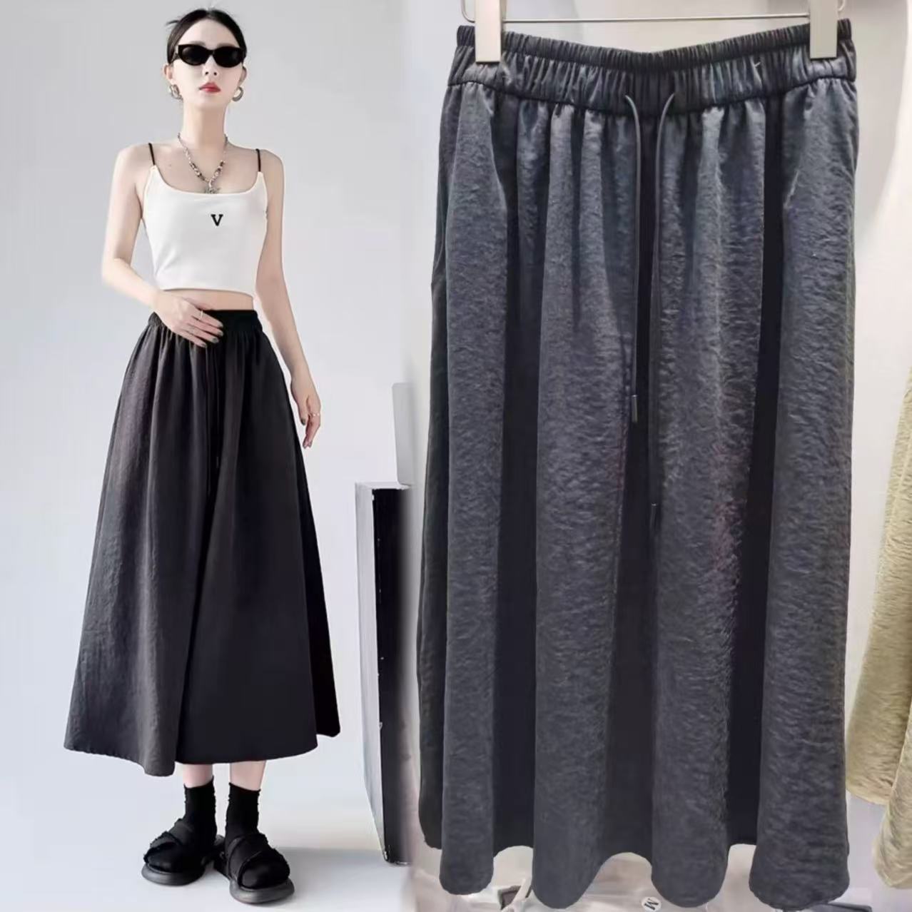 LM3260 Large size casual knee-length skirt 2024 new style drawstring slim large skirt skirt versatile umbrella high waist loose