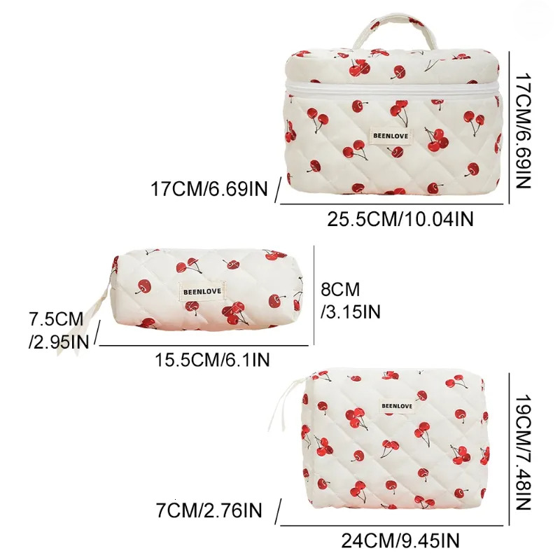 3pcs Aesthetic Makeup Bags Set - Quilted Cotton, Cherry/heart, For Skincare, Toiletry New Free Delivery Designer Bag