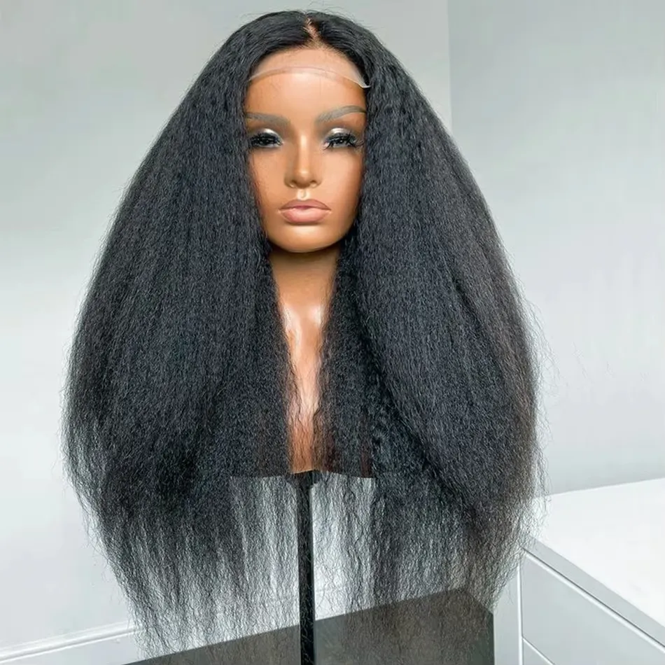 Yaki 2024 Kinky Hair Human 280% Density Straight Pre Plucked For Woman 1B Natural Black Color 13X4 HD Lace Front Wig Hairline Glueless 280%