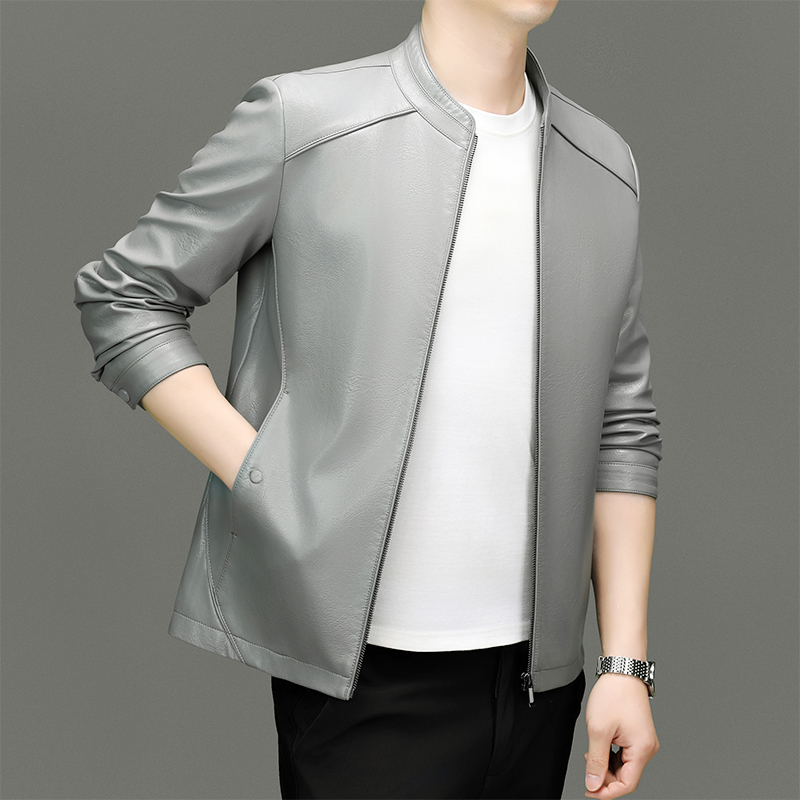 Waterproof Leather Business Jacket for Men - Stand-Up Collar & Easy-Clean Fabric 8555