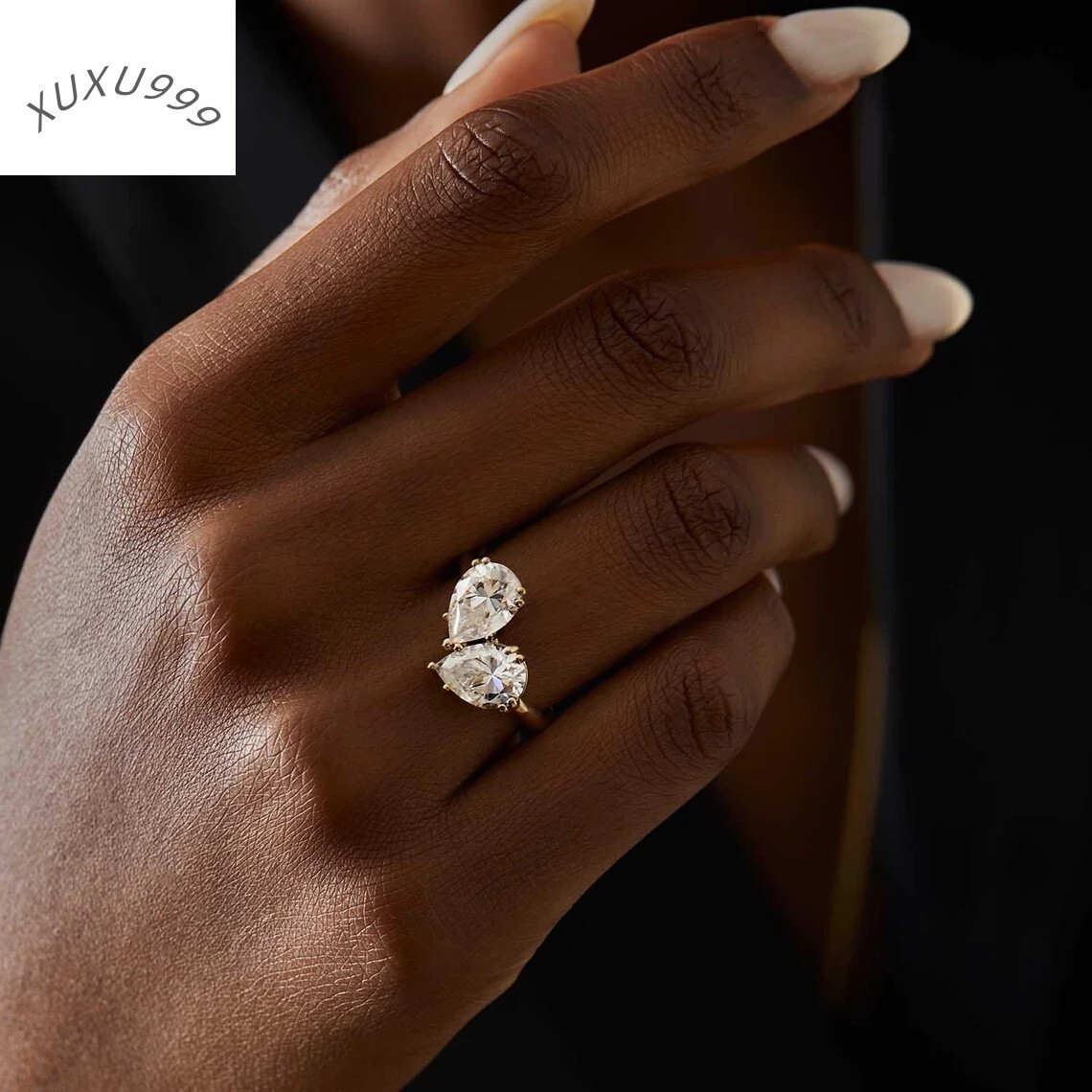 Bridal Jewelry Double Stone Engagement Heart Shape 925 Silver Pear Cut Moissanite Toi Et Moi Ring