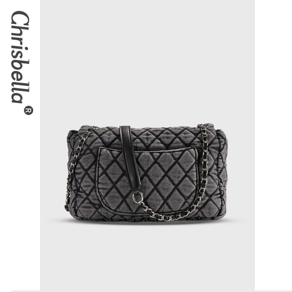 Washed Denim Crossbody Diamond Grid Chain Bag