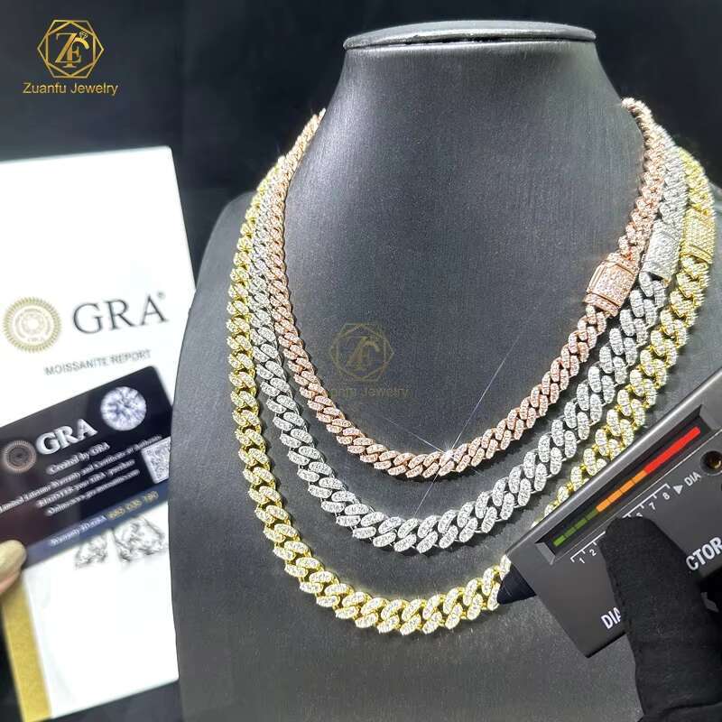 Real Solid 925 Silver Diamond Cuban Link Chain 6mm 8mm 1Row Iced Out Hiphop Miami Moissanite Cuban Necklace for Men Women
