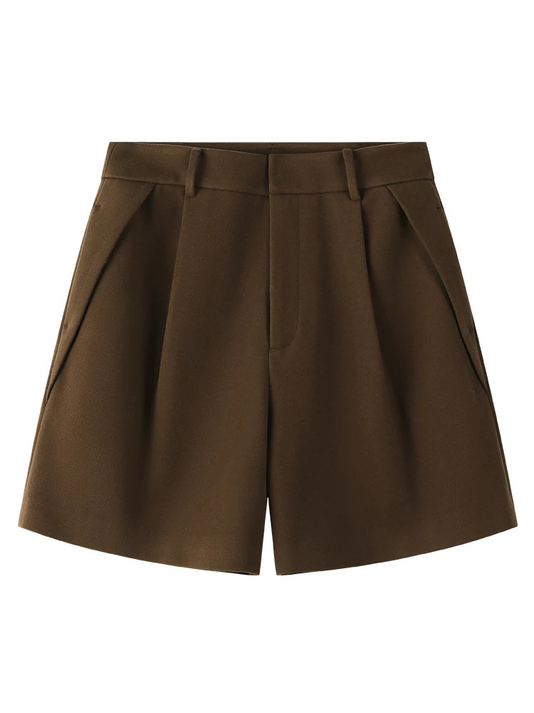 FSLE Simple Woolen Aline Short Autumn Winter Outer Wear High Waist Casual Pants Office Lady Loose Solid Wide Leg Shorts 250506Z