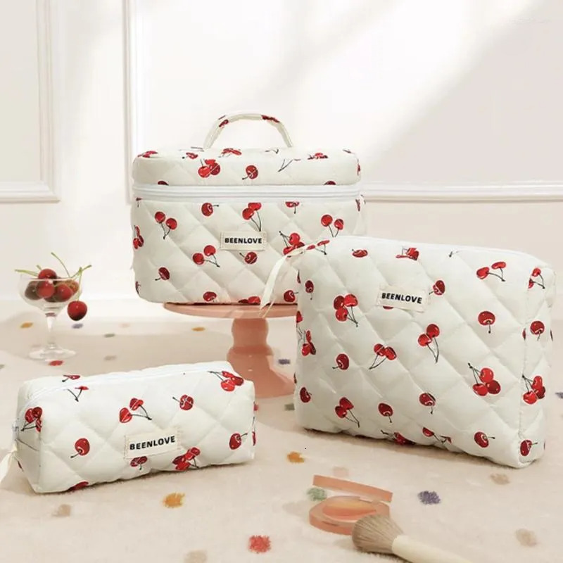 3pcs Aesthetic Makeup Bags Set - Quilted Cotton, Cherry/heart, For Skincare, Toiletry New Free Delivery Designer Bag