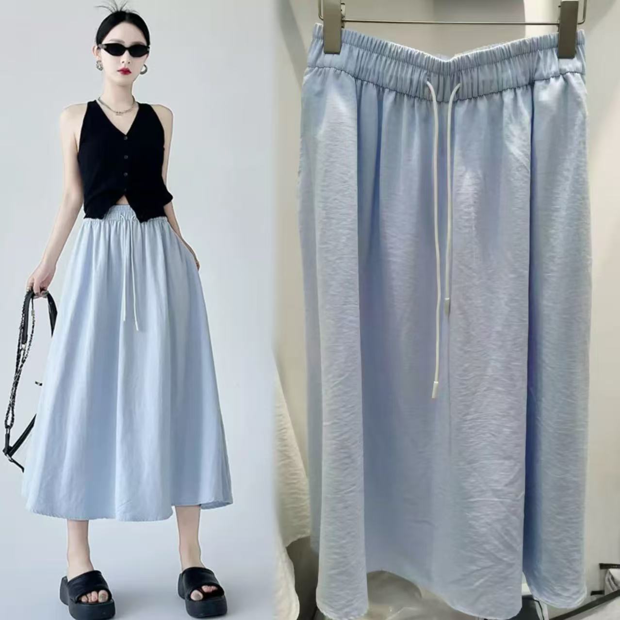 LM3260 Large size casual knee-length skirt 2024 new style drawstring slim large skirt skirt versatile umbrella high waist loose
