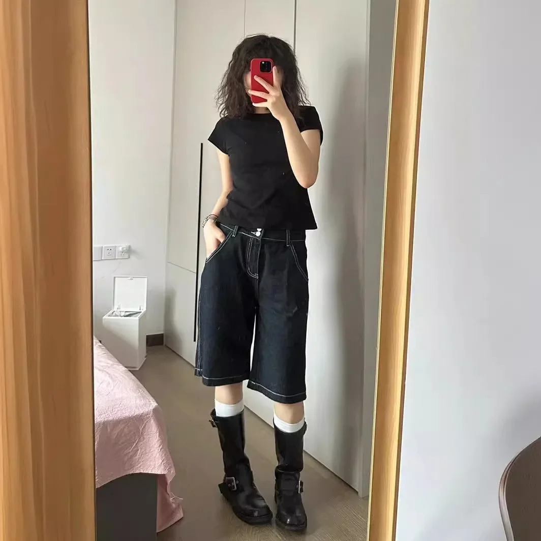 Womens Summer Style Casual LooseFit Slimming HighWaisted Denim Shorts Trendy Cotton Knit StraightLeg MidLength Pants 250506Z