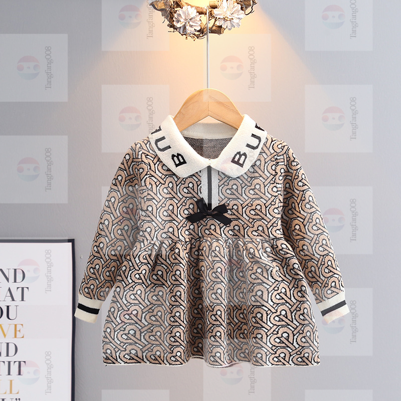 Knit Princess Dresses for Baby Girls Embroidered Letter Design Long Sleeve Bowknot Dress for Spring/Autumn Seasons