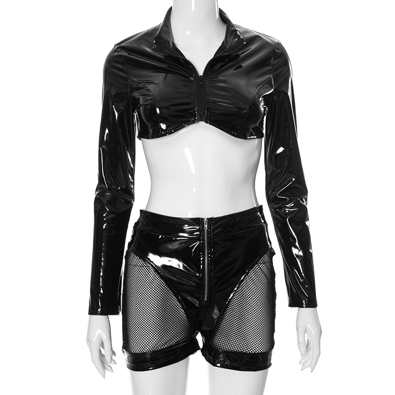 PU Patchwork Sexy 2 Piece Set Women Autumn Hipster Full Zip Crop Jacket+Shorts Matching Clubwear Midnight Outfits