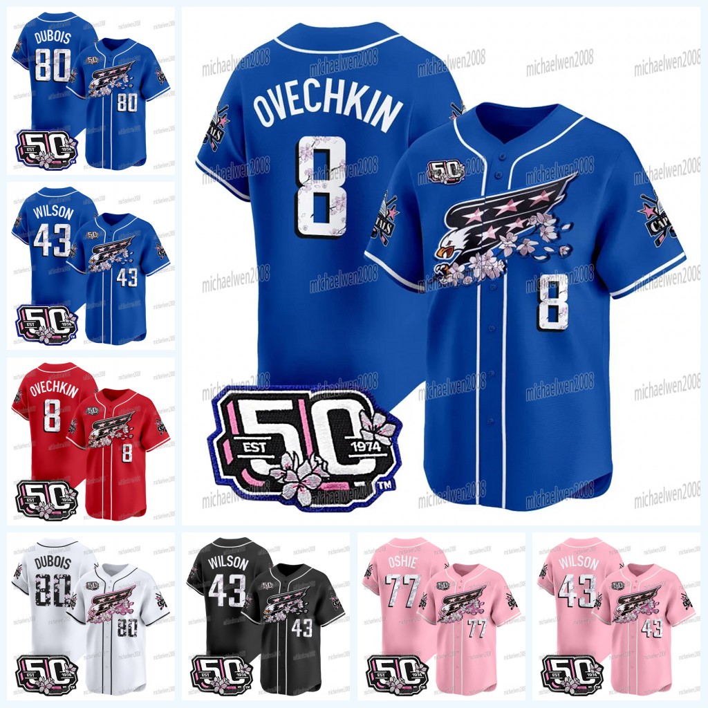 Washingtons Capitals 50th Anniversary Cherry Blossom Baseball Jersey Alex Ovechkin Pierre-Luc Duboi T.J. Oshie Tom Wilson John Carlson Pierre-Luc Dubois McMichael