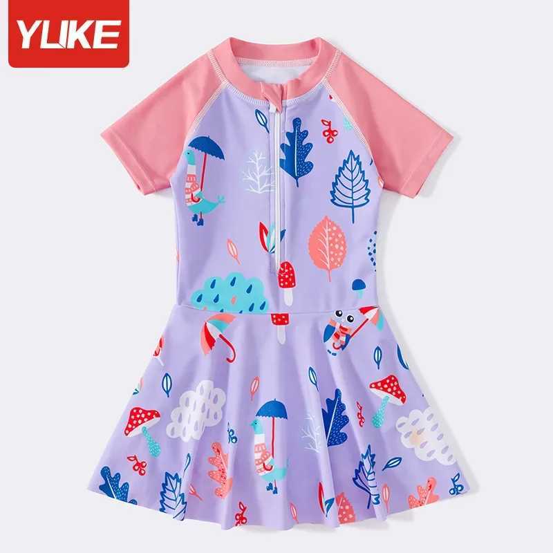 YUKE Retro One Piece Swimsuit Girls Front Zipper Print Swimwear For Kids Baby Princess Skirt Children Swimming Bathing Suit W250510