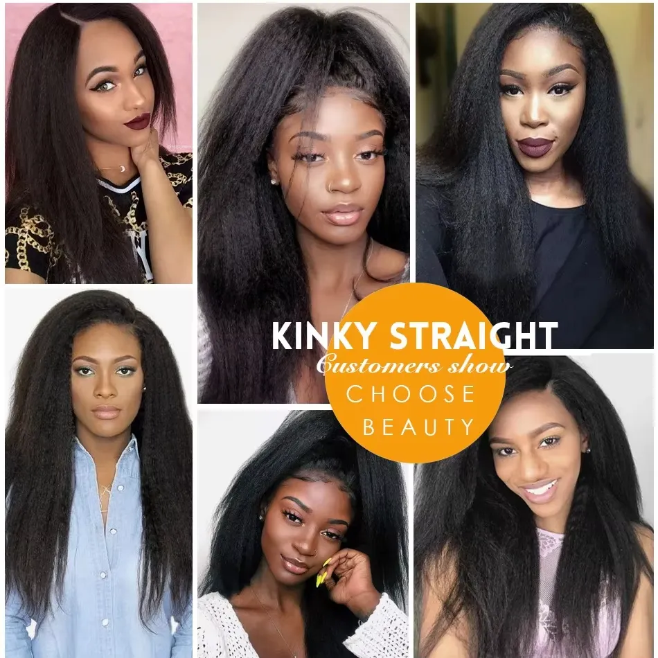 Yaki 2024 Kinky Hair Human 280% Density Straight Pre Plucked For Woman 1B Natural Black Color 13X4 HD Lace Front Wig Hairline Glueless 280%