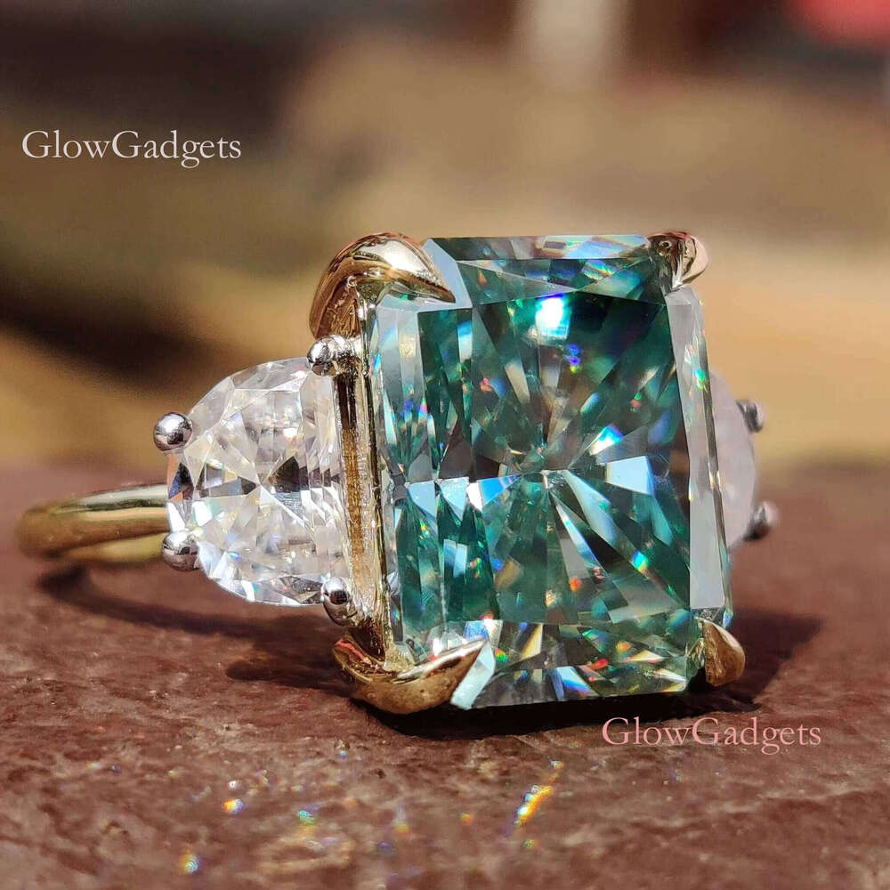 Pass Tester Green Radiant Cut Moissanite Engagement Dropshipping Custom Vvs Dia Three Stones Ring Jewelry