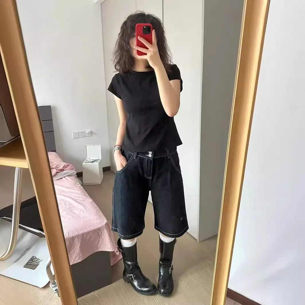 Womens Summer Style Casual LooseFit Slimming HighWaisted Denim Shorts Trendy Cotton Knit StraightLeg MidLength Pants 250506Z