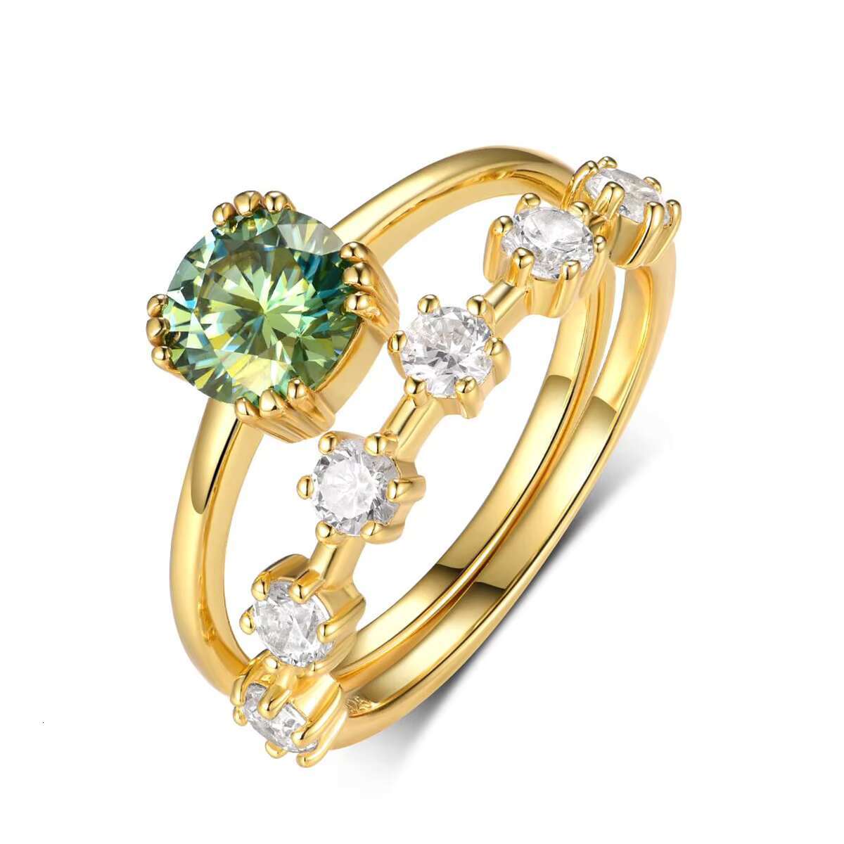 2025 HOT Sale INS Fashion Style Popular Ring Set S925 Silver 18K Plated Gold Green Round Moissanite Ring for Women Fine Jewelry