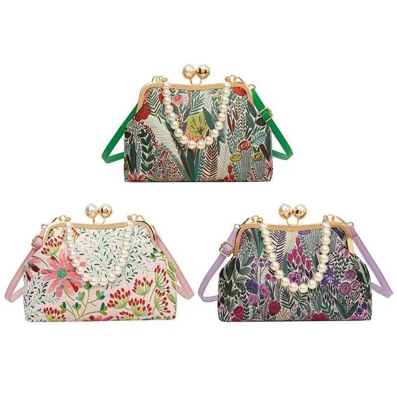 H3CB Womens Embroidered Flower Handbag Evening Purse Shoulder Bag with Pearls Chain and Kiss Lock Closure for Parties Z250510