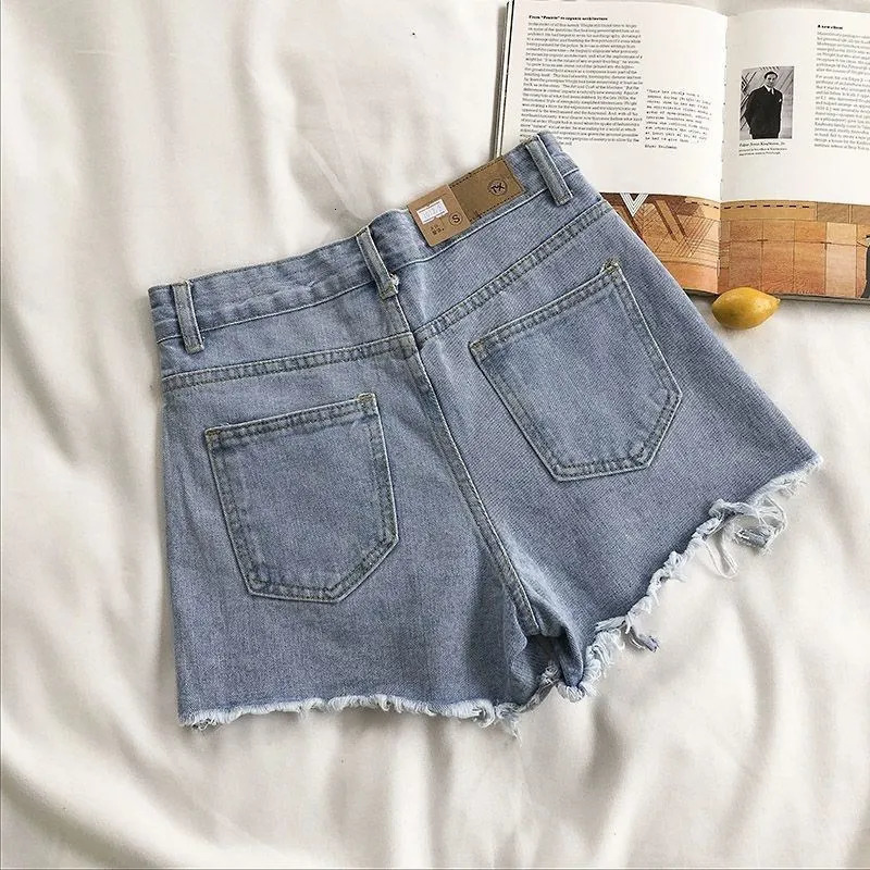 Korean denim shorts summer fashion casual high waisted ripped jeans pocket tassel Y2K pants streetwear blue Trousers 250506Z
