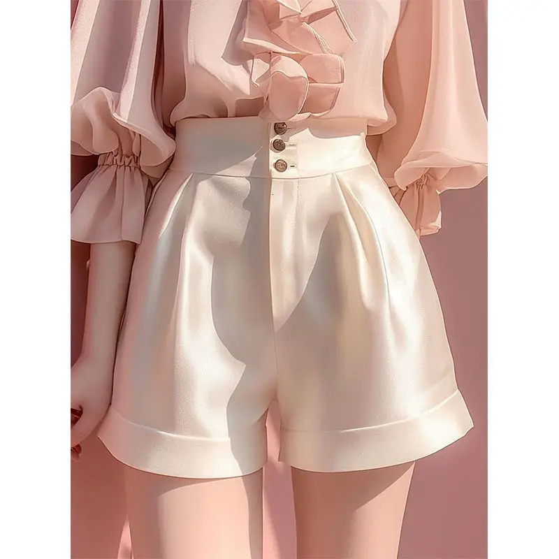 Simplicity Office Womens Solid Color Wide Leg Summer Fashion High Waist Appearance Thin Satin Shorts Fully Matched Casual Straight 250506Z