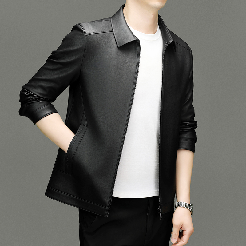 Waterproof Mens Business Leather Jacket - Fold Over Collar & Easy-Clean Fabric