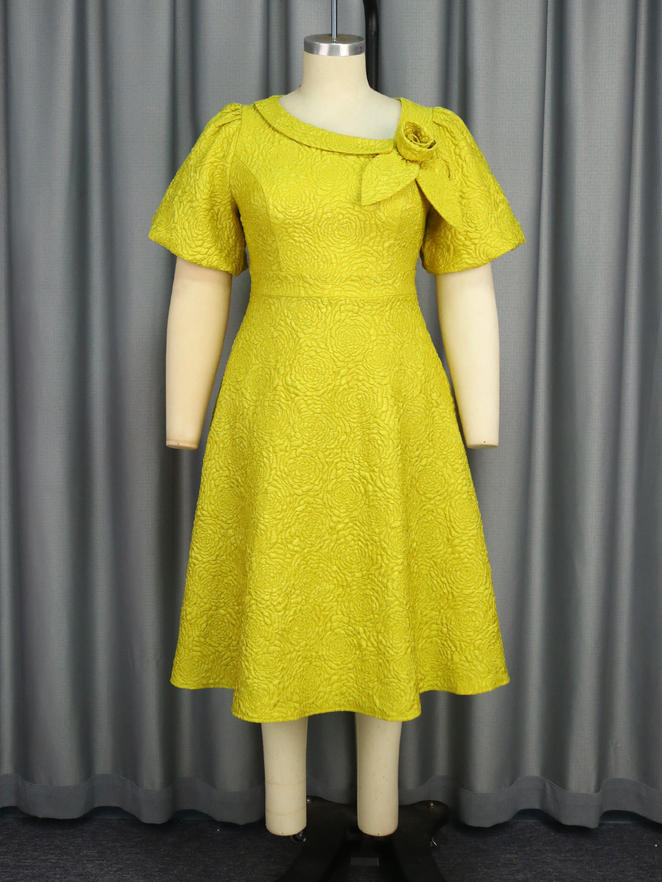 Classical Bridesmaid Dress a Line Rose Jacquard Flower Asymmetric Collar Midi Puff Sleeves Women's Daily Wear AM040856