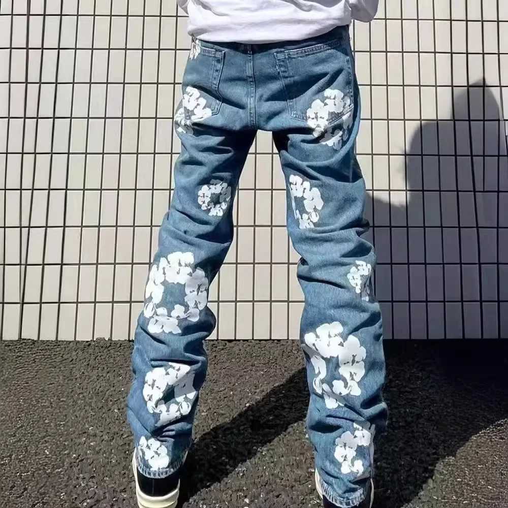 Mens Jeans Denim Pants Fall Winter Casual Aesthetic Flower Print Jeans Baggy Pants Trousers High Waist Fashion Womens Jean Pants W250510