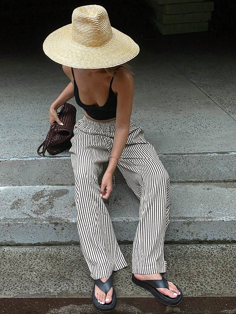 Direct sales from the source factory Women's Striped Print Drawstring Waist Wide Leg Pants, Casual Pocket Trousers for Daily Wear, Ladies Bottoms