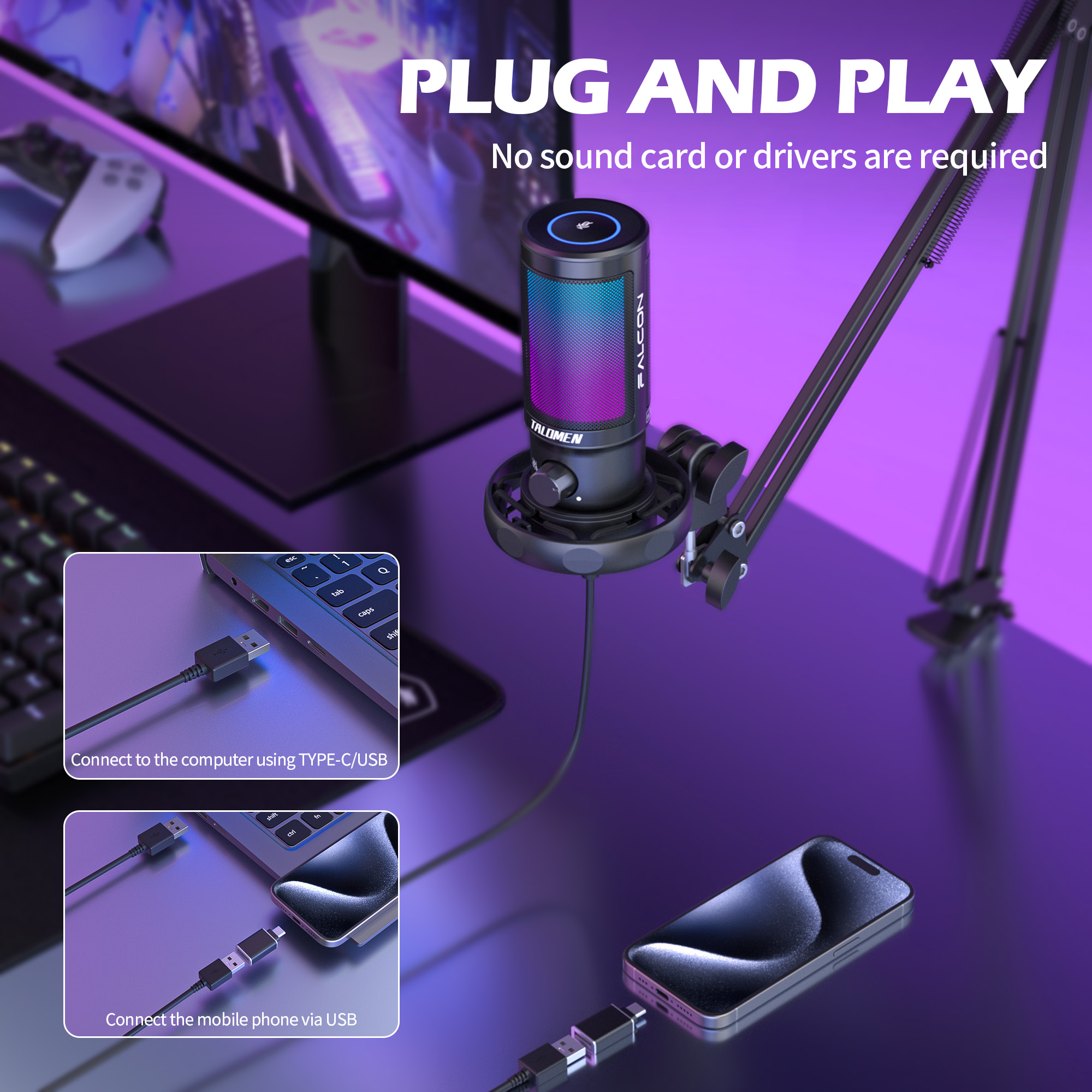 USB Gaming Microphone for PC, PS4/PS5, RGB Condenser Microphone with Rapid Mute, Gain Control, Anti-Explosive Filter, F8S