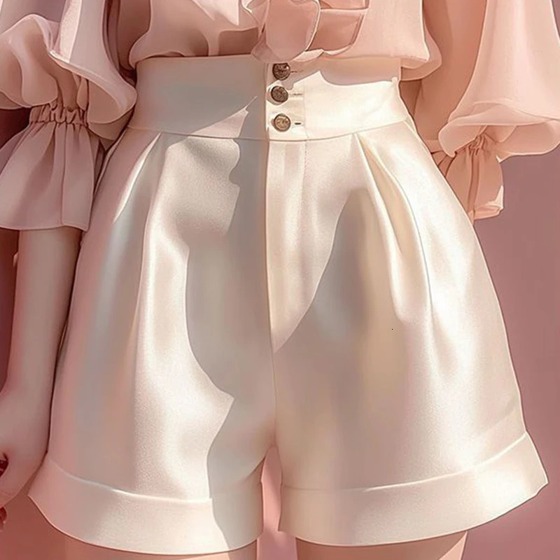 Simplicity Office Womens Solid Color Wide Leg Summer Fashion High Waist Appearance Thin Satin Shorts Fully Matched Casual Straight 250506Z