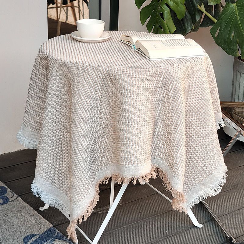 DH009 tablecloth French interweaving waffle ins style Japanese thick cotton and linen style fabric round table desk high-end light luxury